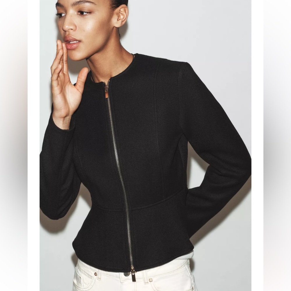 Zara Black Zip-Front Peplum Blazer